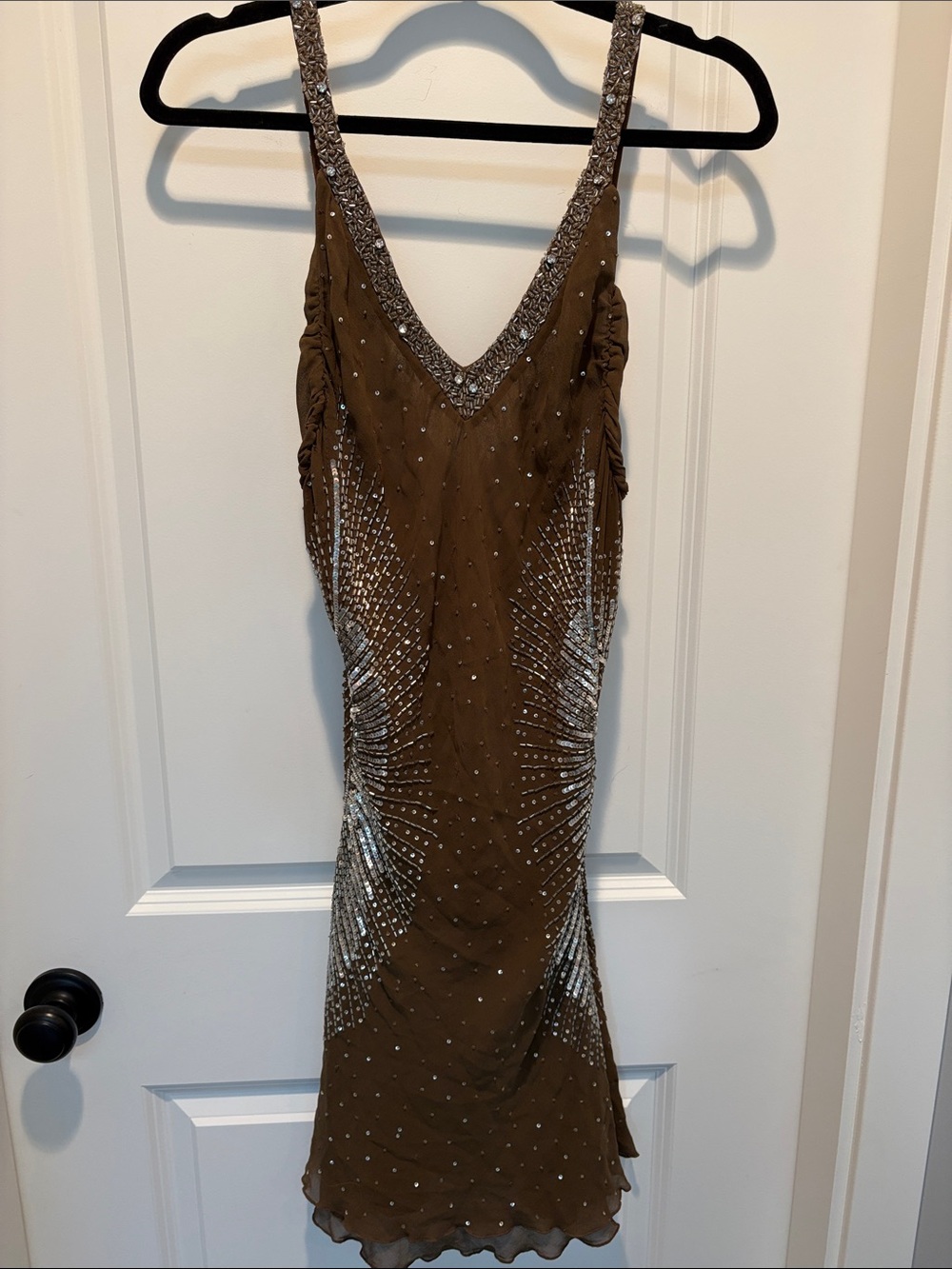 Just Cavalli 2007 Brown Bead and sequin  embellished V-Neck silk Mini Dress